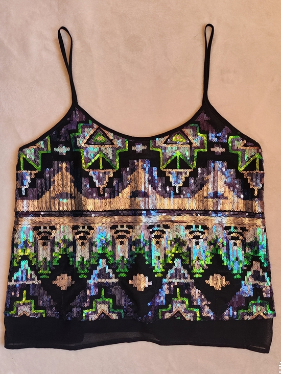 E2 Clothing Tops - Black Sequin Geometric Spaghetti-Strap Tank Top